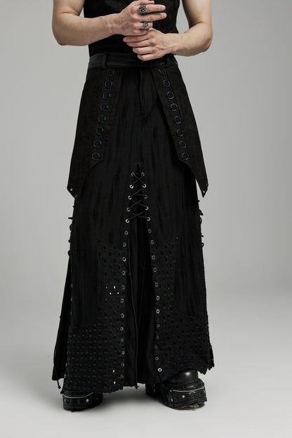 Black Lace-Up Ripped Eyelet Men's Punk Skirt