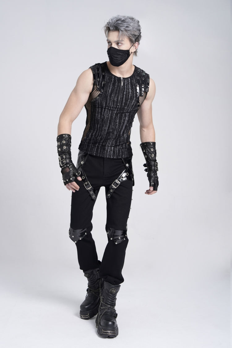 Black Armor Patent Leather Stitching Men's Punk Pants