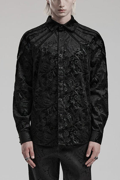 Black Long Sleeves Dark Pattern Print Webbing Decoration Mens Gothic Blouse