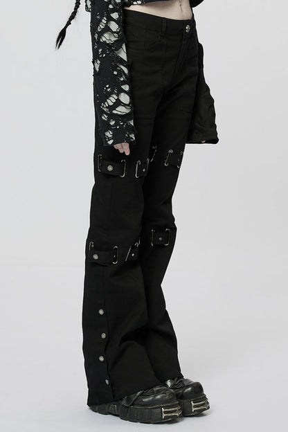 Black Metal Buckles Straps Women's Steampunk Flared Pants