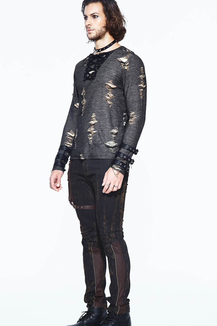Black Long Sleeves Broken Holes Chest Lace Up Loop Cuff Men's Punk Shirt