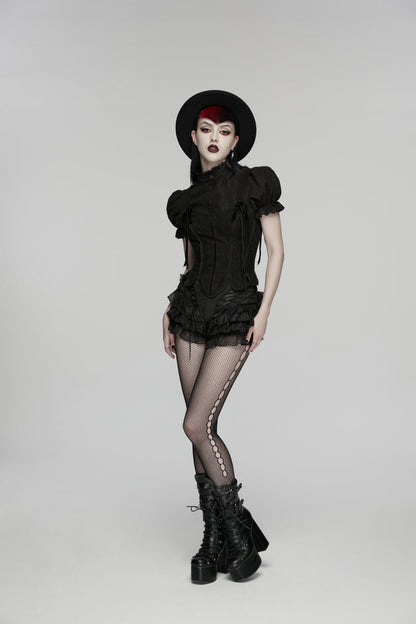 Black Multi-Layered Embroidered Lace Lace-Up Pleated Women's Gothic Shorts