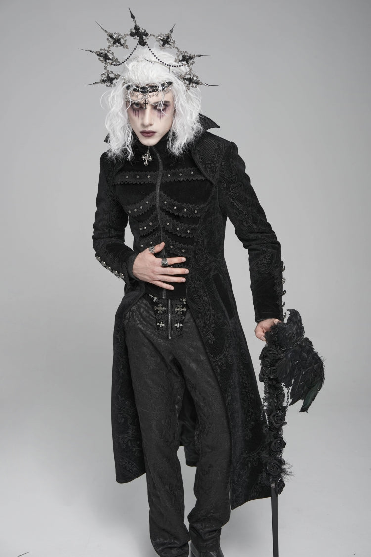 Black Diamante Stand Collar Long Sleeves Printed Zippered Men's Gothic Long Coat