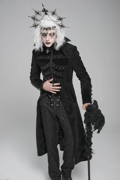 Black Diamante Stand Collar Long Sleeves Printed Zippered Men's Gothic Long Coat