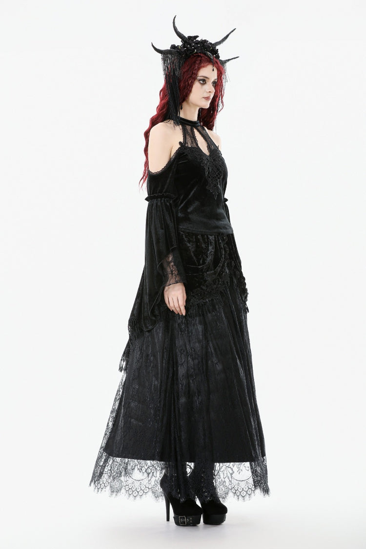 Black Off Shoulder Halterneck Long Trumpet Sleeves Cut-Out Lace Spliced Velvet Gothic Palace Top