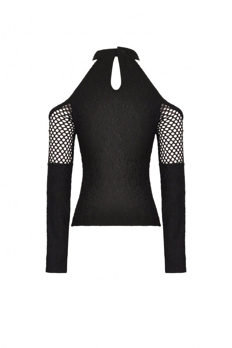 Black Off Shoulder Long Sleeves Cut-Out Spliced Mesh Women's Punk Top