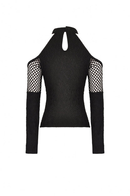 Black Off Shoulder Long Sleeves Cut-Out Spliced Mesh Women's Punk Top