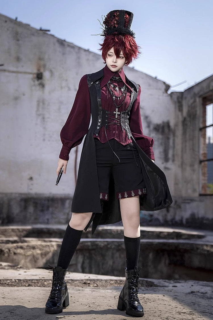 Black Lace-Up Slim Gothic Vintage Prince Ouji Lolita Long Vest