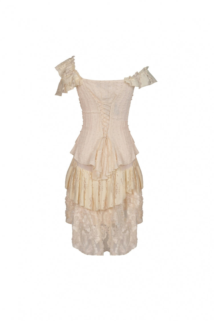 Beige Irregular Multi-Layered Ruffled Lace Women's Steampunk Vintage Dress