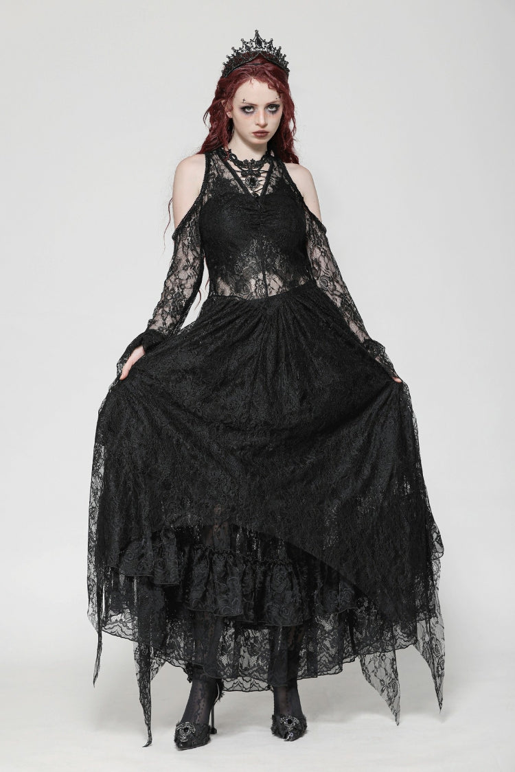Black Off Shoulder Long Sleeves Women's Gothic Irregular Lace Dress Wedding Dress