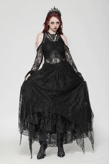 Black Off Shoulder Long Sleeves Women's Gothic Irregular Lace Dress Wedding Dress