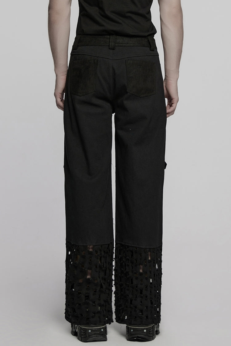 Black Eyelet Ripped Men's Punk Straight Pants