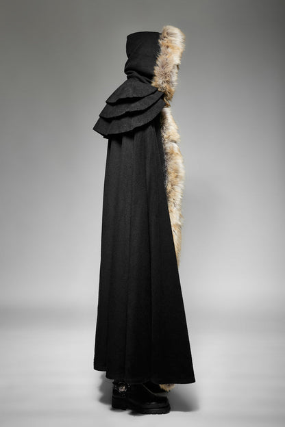 Black Hooded Fur Collar Wool Long Mens Gothic Coat Cloak