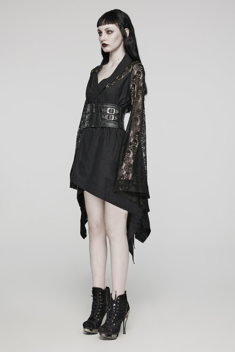Black Irregular Hem Skull Print Hollow Stitching Womens Steampunk Kimono Dress