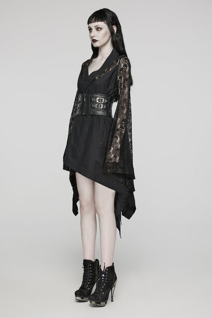 Black Irregular Hem Skull Print Hollow Stitching Womens Steampunk Kimono Dress