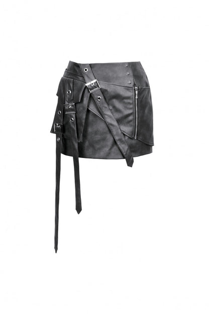 Black Faux Leather Straps Zippered Women's Punk Short Skirt