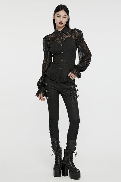 Black Lapel Collar Puff Sleeves Ruffle Stitching Lace Women's Gothic Blouse