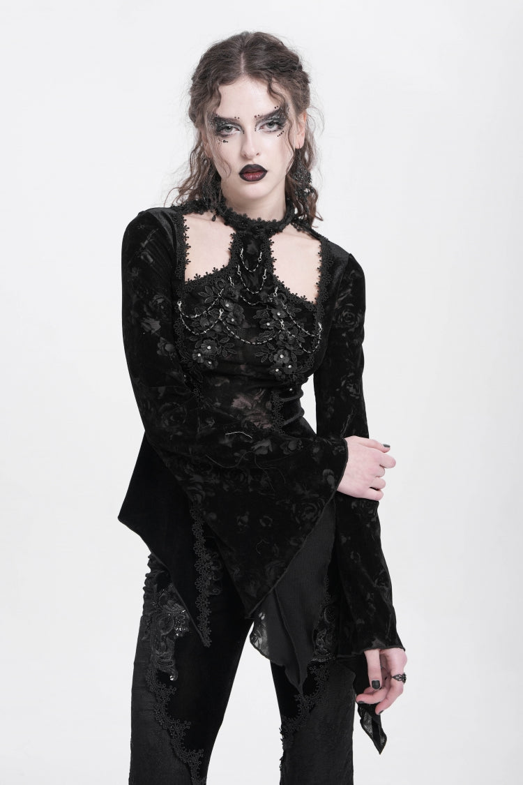 Black Halterneck Long Trumpet Sleeves Jacquard Embroidery Women's Gothic Blouse