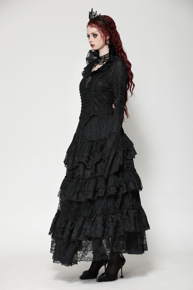 Black Lace Ruffled V Stand Collar Long Flared Sleeves Jacquard Women's Gothic Blouse