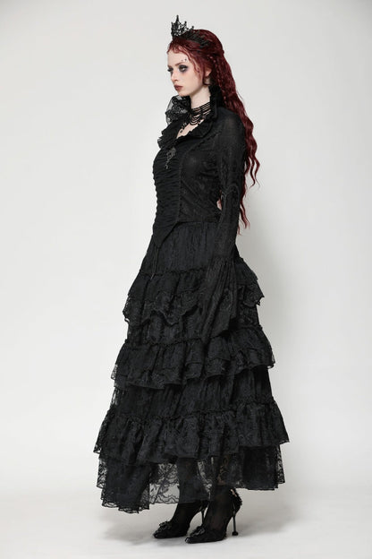 Black Lace Ruffled V Stand Collar Long Flared Sleeves Jacquard Women's Gothic Blouse