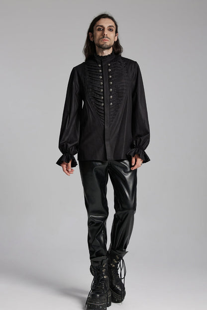 Black Long Sleeves Ruffle Beast Buckle Men's Gothic Blouse