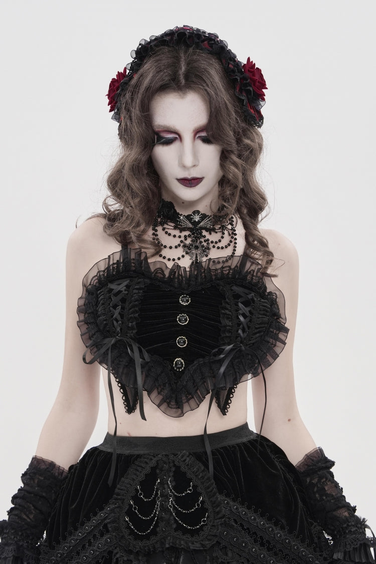 Black Off Shoulder Bow Lace Lace-Up Women's Gothic Ruffled Corset