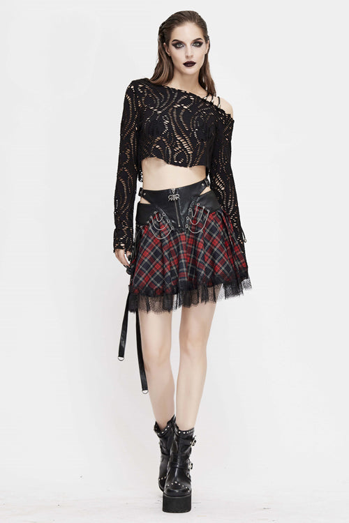 Black And Red Punk Lace Up Scottish Plaid Womens Skirts With Bag