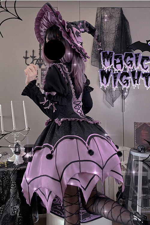 Black / Purple Round Collar Ruffled Long Sleeves Waist Irregular Hem Imp Sweet Lolita OP Dress Full Set
