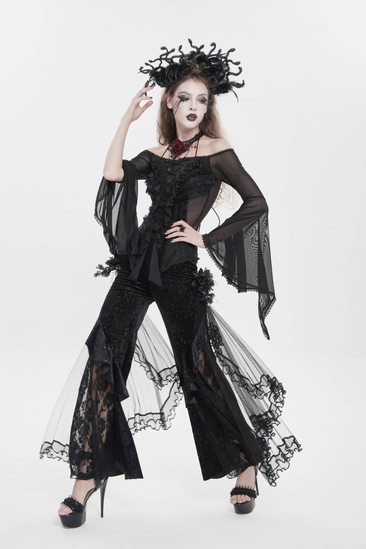 Black Embroidered Lace Women's Printed Mesh Floral Gothic Pants