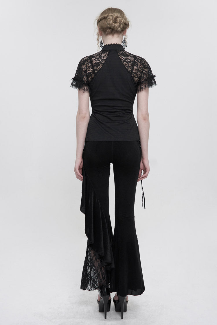 Black Chinese Style V-Neck Nail Drill Chest Stitching Mesh Raglan Sleeves Gothic Cheongsam Style Women's Slim T-Shirt