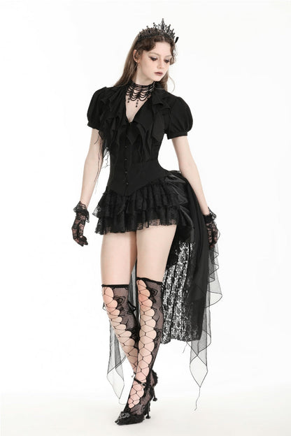 Black Multi-Layered Lace Women's Gothic Puffy Skirt with Detachable Swallow Tail