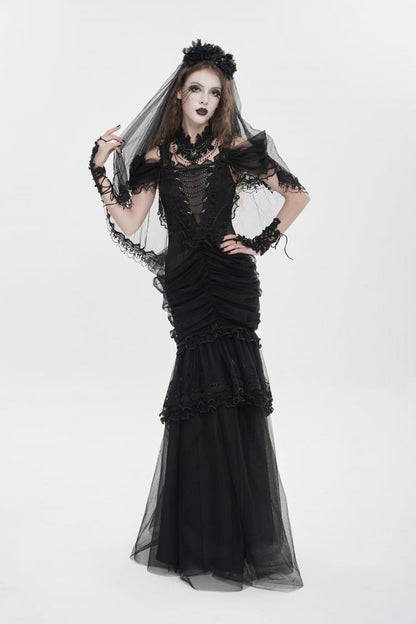 Black Off Shoulder Ruffled Cut-Out Lace Pleated Women's Gothic Dress