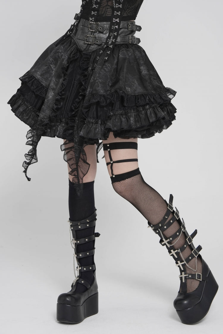 Black Multi-Layered Printed Spliced Lace Lace-Up Buckled Pleated Eyelet Women's Gothic Skirt