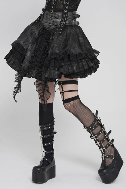 Black Multi-Layered Printed Spliced Lace Lace-Up Buckled Pleated Eyelet Women's Gothic Skirt