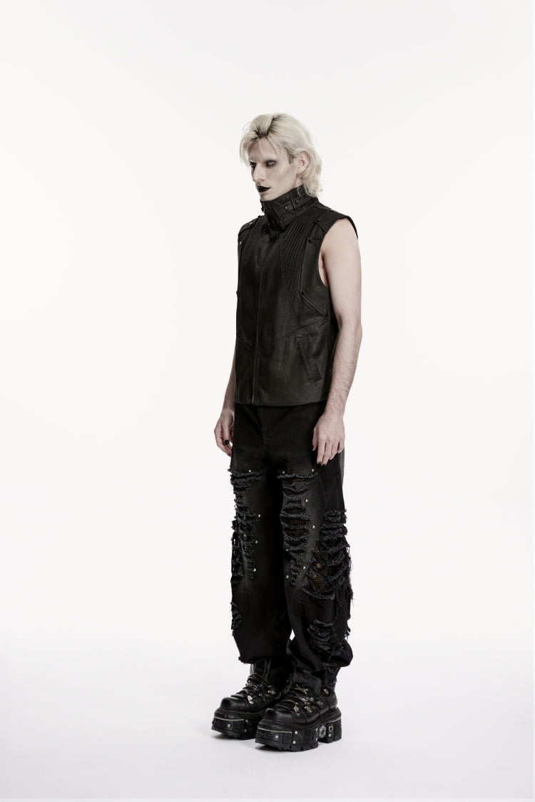 Black Irregular Mesh Ripped Studded Zippered Eyelet Men's Punk Handsome Cool Pants