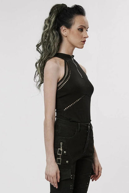 Black Off Shoulder Hollow Stitching Slim Mesh Womens Steampunk Vest
