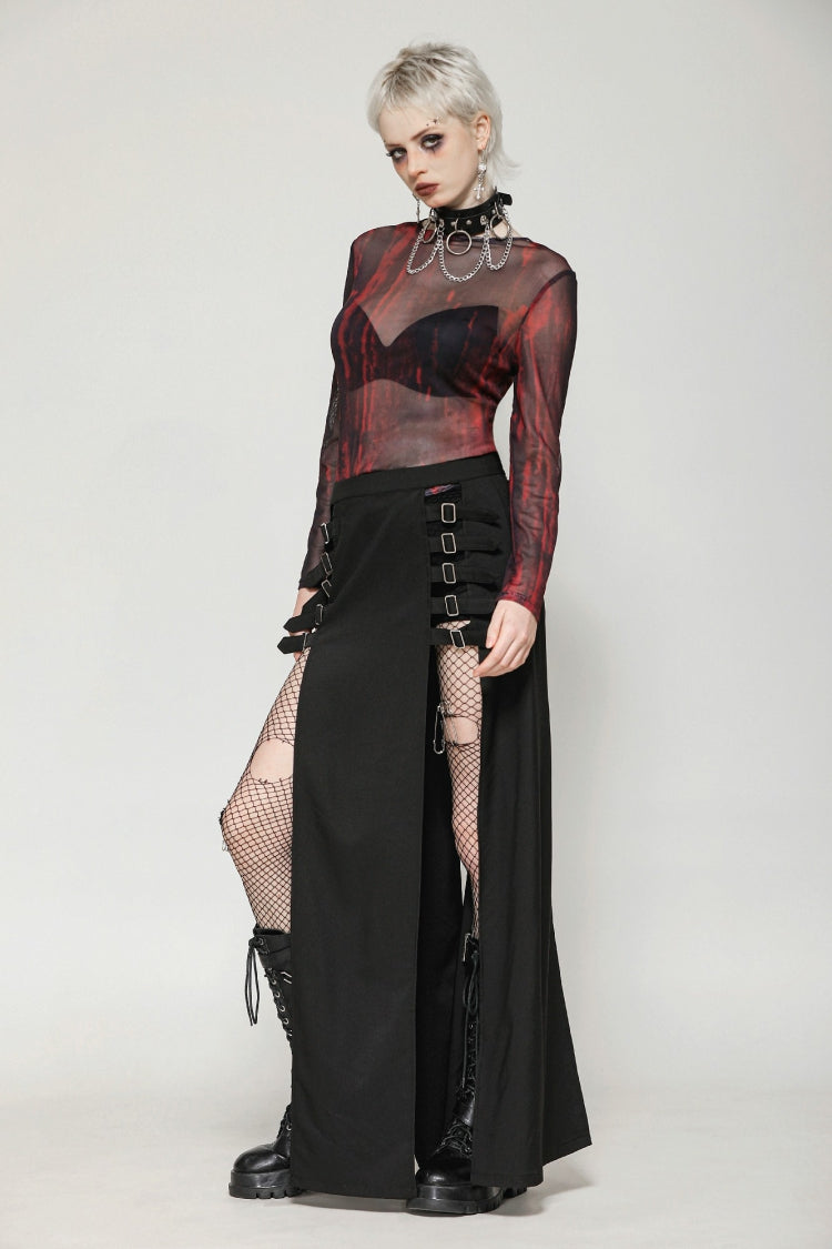 Black Buckled Zippered Women's Punk Side Slit Long Skirt