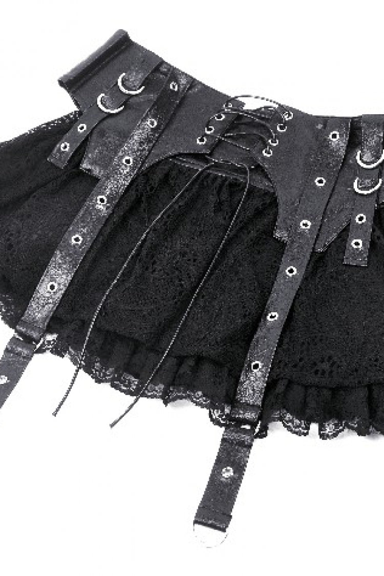 Black Faux Leather Spliced Lace Lace-Up Women's Punk Mini Skirt