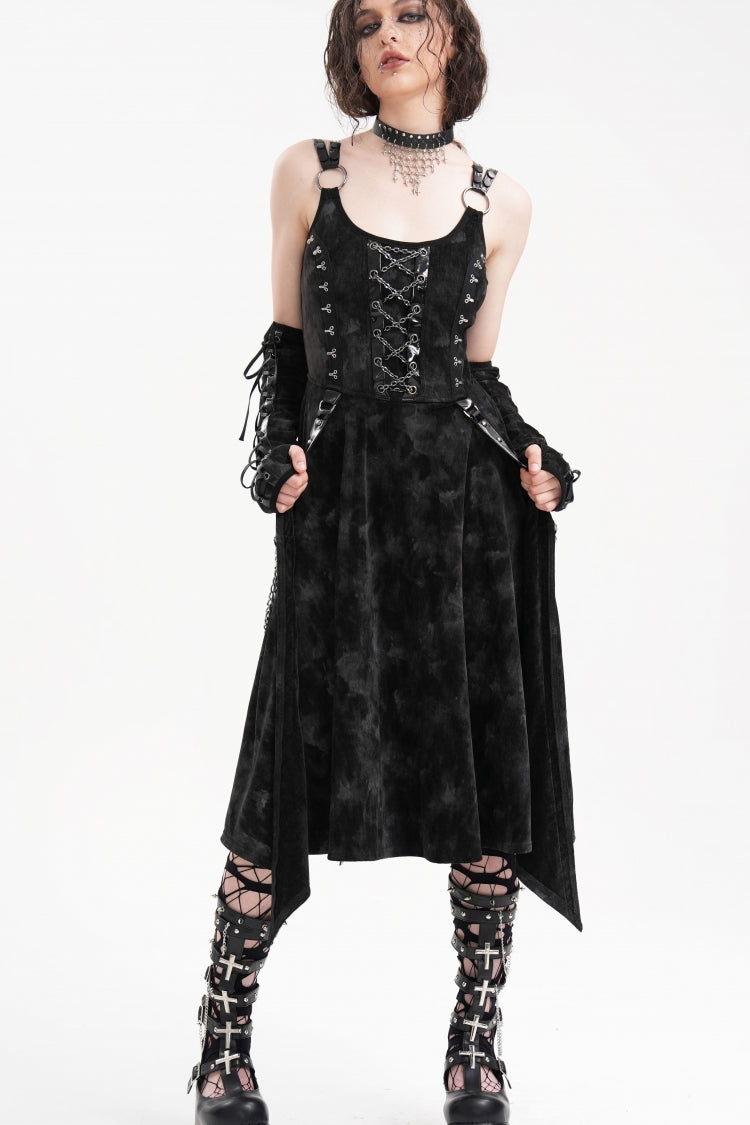 Black Chains Rings Lace-Up Women's Gothic Slip Dress with Gloves