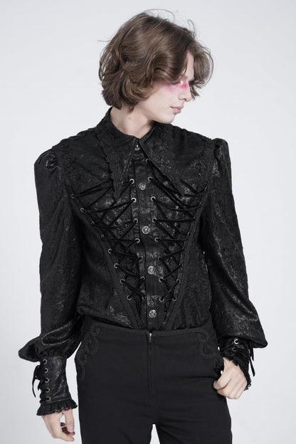 Black Long Puff Sleeves Jacquard Lace Men's Gothic Blouse