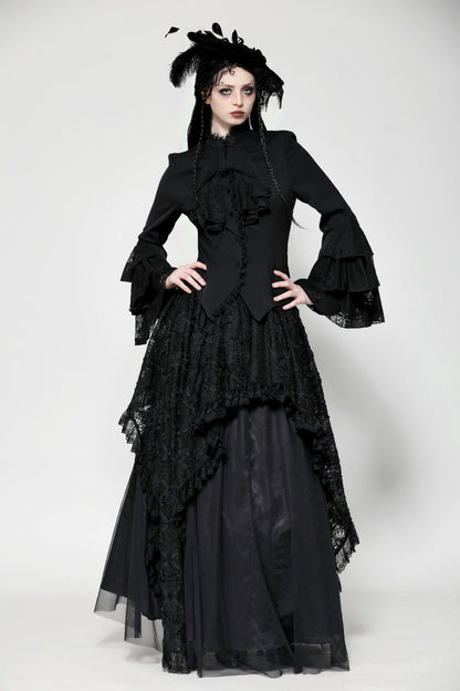 Black Lace Stand Collar Multi-Layered Ruffled Long Flared Sleeves Women's Gothic Blouse