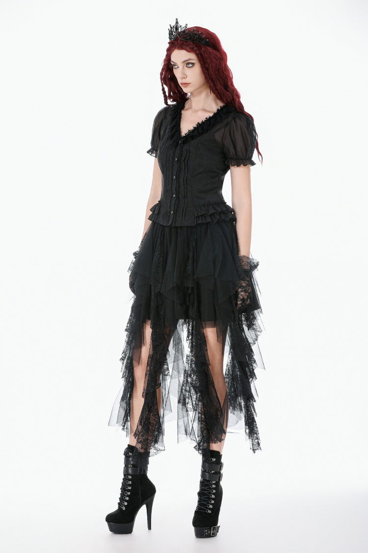 Black Deep V Collar Short Puff Sleeves Multi-Layered Ruffled Lace Sheer Women's Gothic Blouse