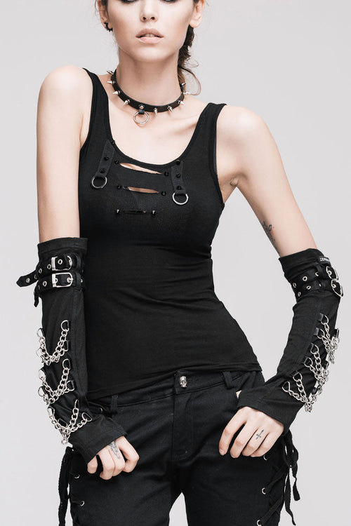 Black Burnt Out Hole Resin Spike Metal Ring Sleeveless Women's Punk Vest