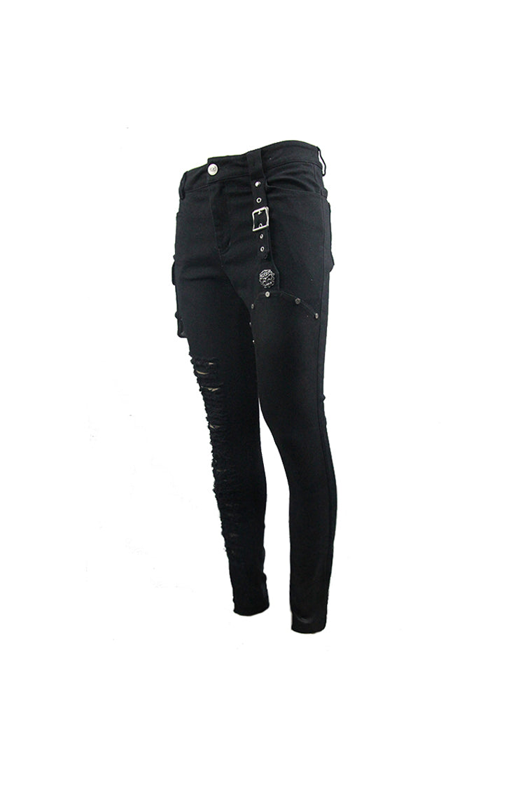 Black Asymmetric Broken Hole Glued Suede Rivet Men's Punk Pants