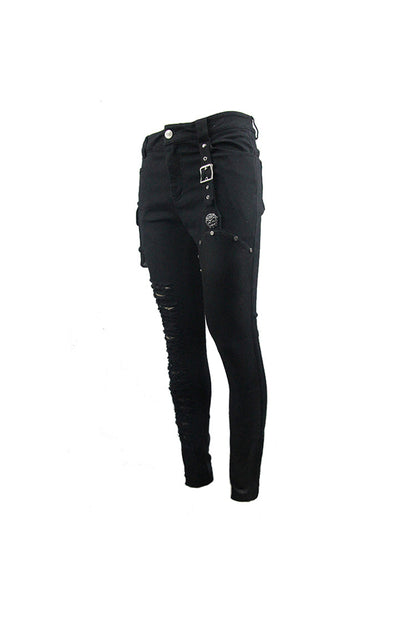 Black Asymmetric Broken Hole Glued Suede Rivet Men's Punk Pants