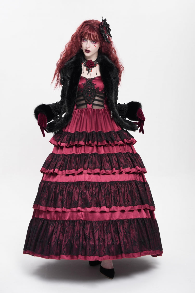 Black Long Sleeves Rose Floral Embroidery Buckle Straps Women's Gothic Coat