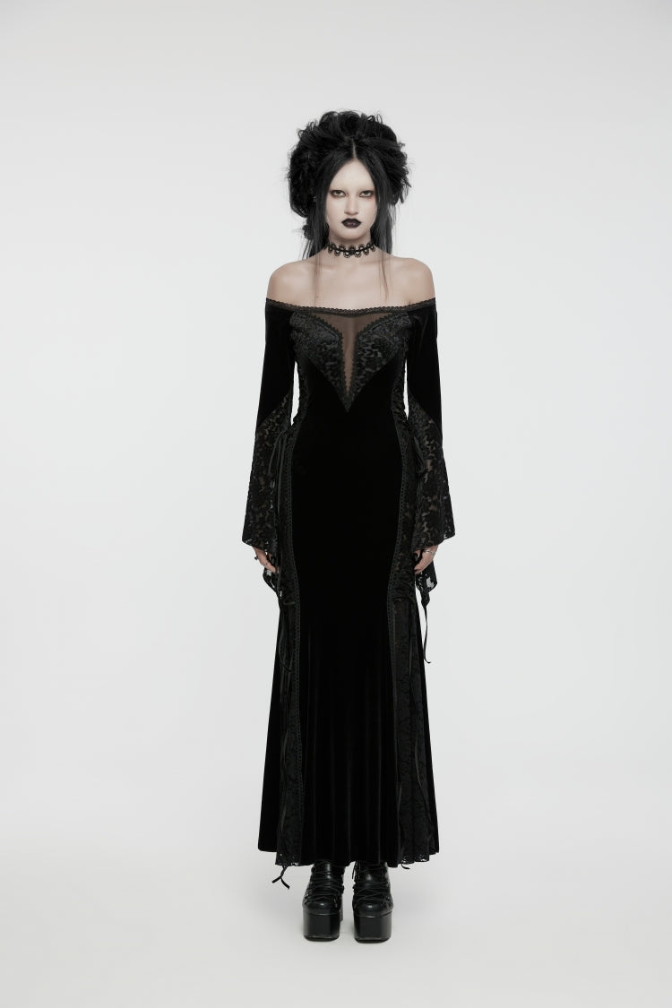 Black Off Shoulder Long Trumpet Sleeves Embroidered Spliced Lace Lace-Up Women's Gothic Gorgeous Palace Strapless Velvet Dress