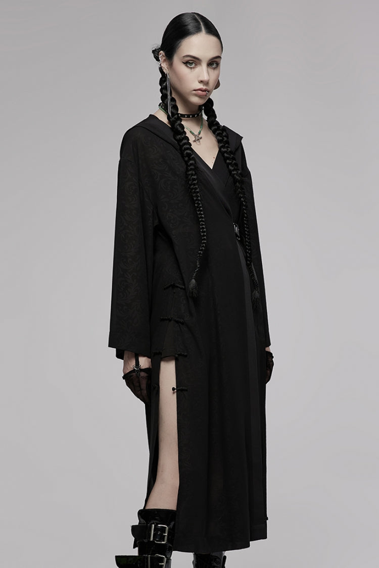 Black Dark Pattern Print Hooded Women's Gothic Coat