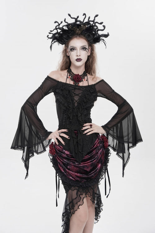 Black Off Shoulder Long Trumpet Sleeves Ruffled Embroidered Lace-Up Women's Gothic Blouse