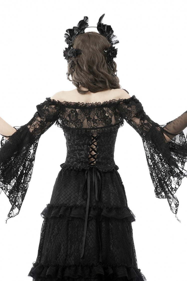 Black Off Shoulder Lace Long Trumpet Sleeves Floral Mesh Women's Gothic Cape